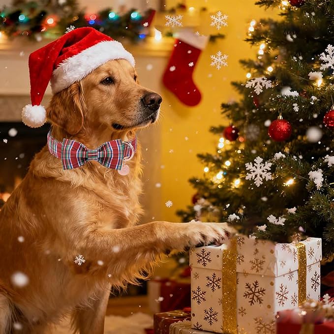 Christmas Plaid Dog Collar with Bow, Red and Blue Check Adjustable Pet Collar with Quick Release, Christmas Stripes Bowtie Collar for Small Medium Large Dogs XS