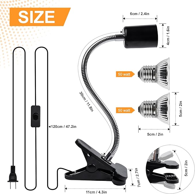 Reptile Heat Lamp, UVA UVB Turtle Basking Light with 50W Heating Lightbulb and 360° Rotatable Clip, UV Heatlamp for Turtle Tank, Tortoise, Lizard, Reptiles, Terrarium, Snake, Gecko, Spiders