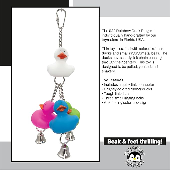 922 Rainbow Duck Ringer Toy with Rubber Ducks, Chains and Bells – Handcrafted Great for Budgies, Parrotlets, Conures and Other Small to Medium Birds