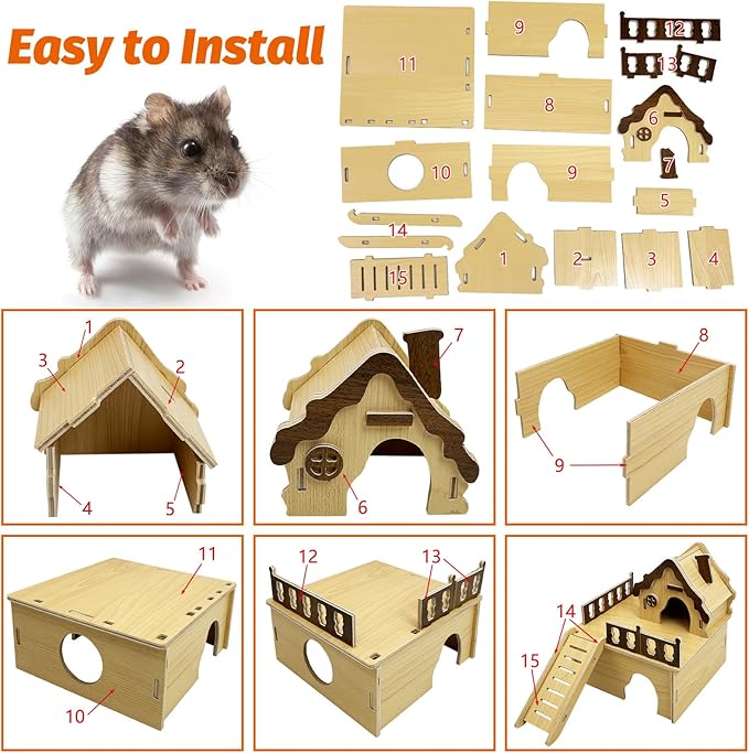 Hamiledyi Wooden Hamster House Hideout Mouse House with Ladder and Platform Cute Habitat Hut Small Animals Cage Accessories for Dwarf Hamster Mice Gerbil and Other Similar Sized Animals