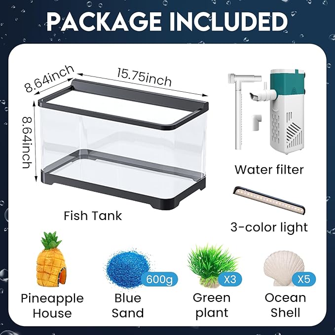 LED Aquarium Fish Tank Kit,（Light + Filter + Green Plants + Blue Sand + Pineapple Houses + Shells） Black, 4.5 Gallon (Now)