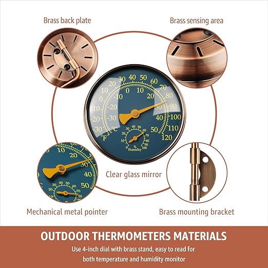 4-Inch Outdoor Thermometer and Humidity Gauge, Window Thermometer for Outside Temperature and Humidity Monitor, Brass Analog Dial, Battery-Free for Patio, Garage, Greenhouse, Garden, Wall