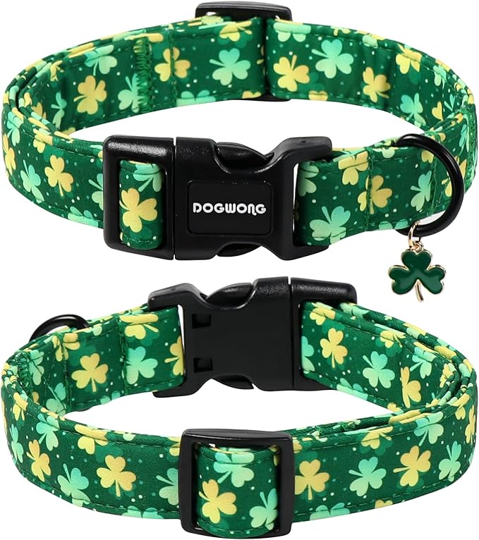 DOGWONG St Patrick's Day Dog Collar-Cute Green Clovers Dog Collars, Adjustable Shamrock Pet Collars Trefoil Puppy Collars with Quick Release Buckle for Girl&Boy Dogs,M