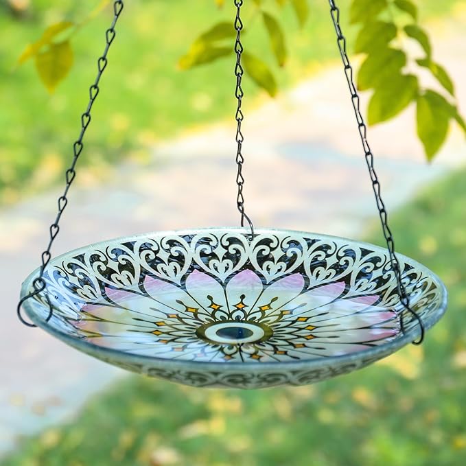 MUMTOP Hanging Bird Bath-Bird Baths for Outdoors - 12 Inch Glass Bird Water Bowl Bird Feeders for Outside, Garden, Lawn Yard Decor