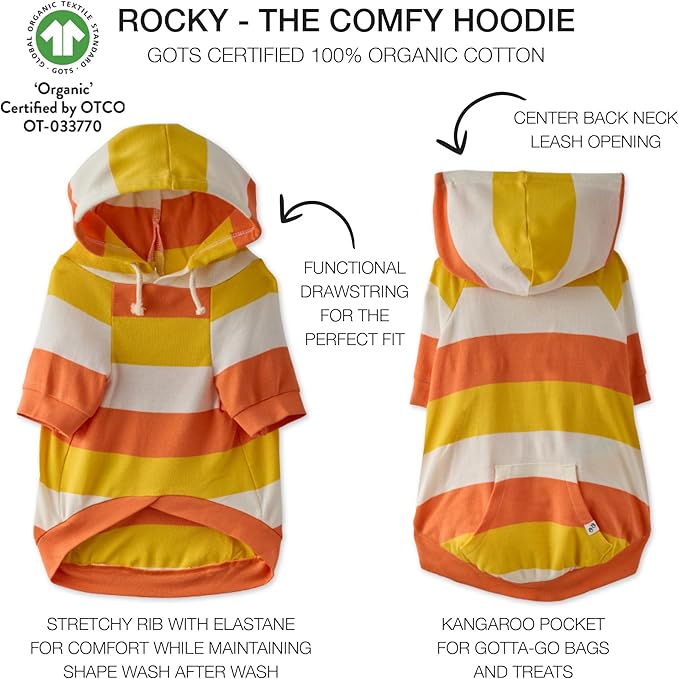 Rocky – The Orginal Lightweight Hooded TEE 100% Organic Cotton Dog Hoodie Pet Coat Sweater for Small, Medium, Large Dogs, Candy Corn, X-Large