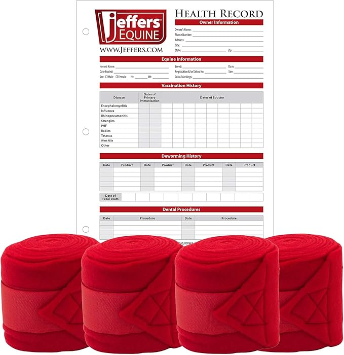 Jeffers Horse Fleece Polo Wraps 4 Pack and Equine Health Record 1 Pack Kit – Leg Wrap Accessories for Training Riding Turnout Stable, Hoof Care Tracker, Equestrian Horse Supplies - Red