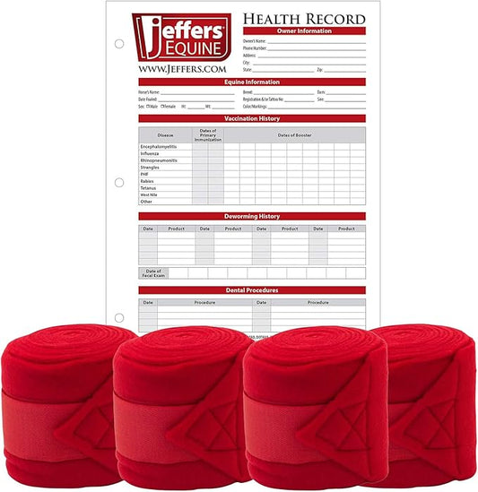 Jeffers Horse Fleece Polo Wraps 4 Pack and Equine Health Record 1 Pack Kit – Leg Wrap Accessories for Training Riding Turnout Stable, Hoof Care Tracker, Equestrian Horse Supplies - Red