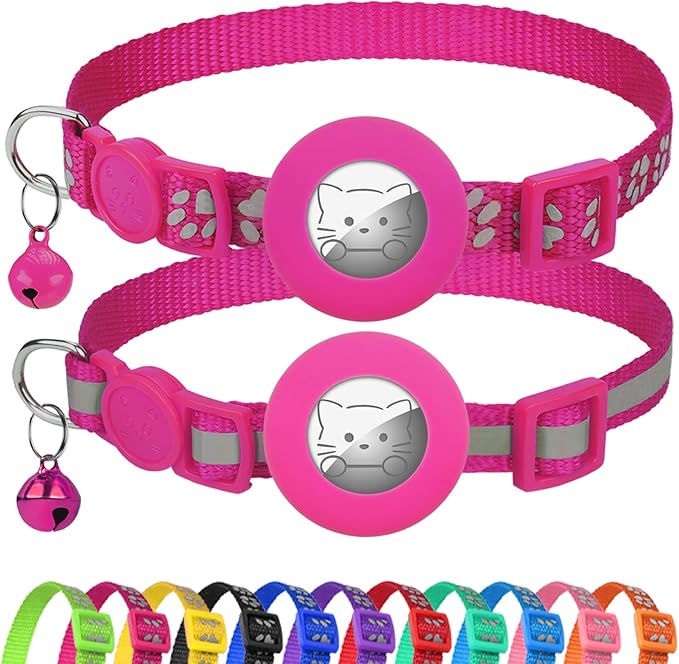 Joytale AirTag Cat Collar 2 Pack with Breakaway Safety Buckle, Reflective Cats Collar with AirTag Holder, Adjustable 7.5-12.5 Inch, Anti-Fraying Lightweight for Girl Boy Kitten, Hotpink