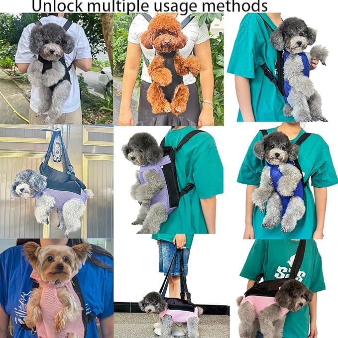 Pet Dog Carrier Backpack, Portable Breathable Mesh Chest Carrier, Polyester Woven Double Shoulder Pet Bag for Outdoor Adventures (Purple, Medium)