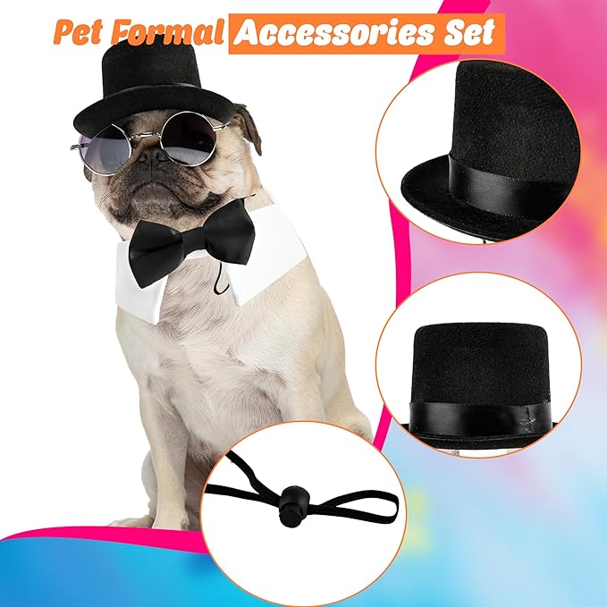 4 Pcs Pet Formal Halloween Costume Accessories Dog Wedding Bow Tie Top Hat Puppy Gentleman Costume for Halloween Cats Party Small Medium Dogs