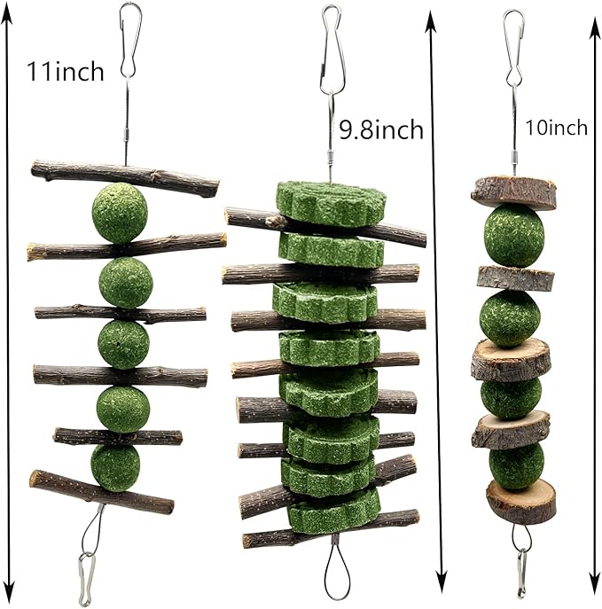 BallHull 3 Pcs Bunny Teeth Grinding Chew Toys, Apple Branch Chewing Sticks with Grass Ball and Grass Cake for Rabbits Bunnies Hamsters Guinea Pigs