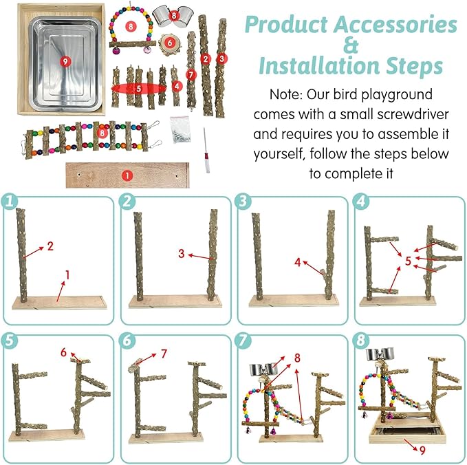 PINVNBY Bird Playground Natural Wood Bird Play Stand with Climb Ladder Swing Tray and Stainless Steel Cups Cage Accessories for Conure Cockatiel Parakeet Lovebird