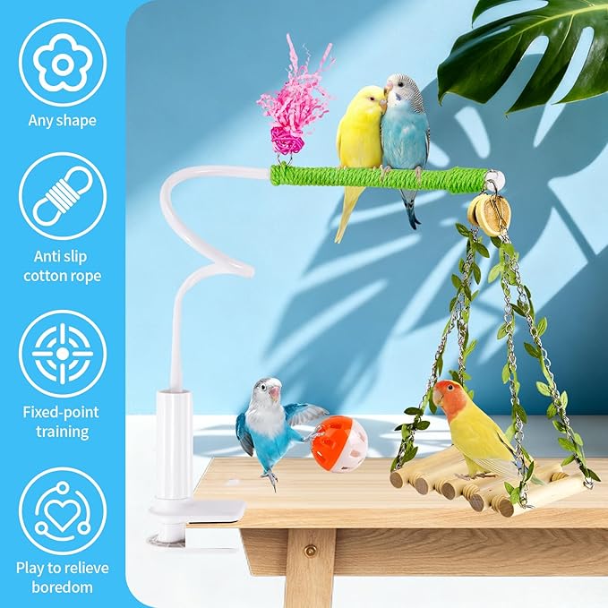 Bird Perch Stand with Swing, Desktop Bird Toy & Stand for Interacting, Interactive Playground for Sun Conure, Lovebirds, Conure, Budgie, Cockatiel - Non-Slip Adjustable Perch