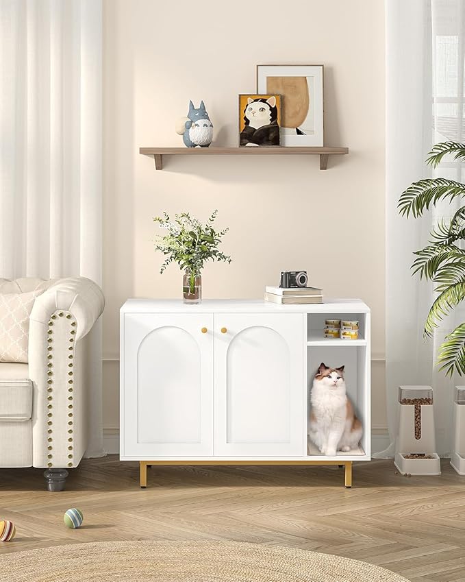Cat Litter Box Enclosure Enclosed, Hidden Litter Box Cabinet Furniture with Storage, Wooden Indoor Cat House Large, Modern End Table for Living Room Entryway, White and Gold CB84903A