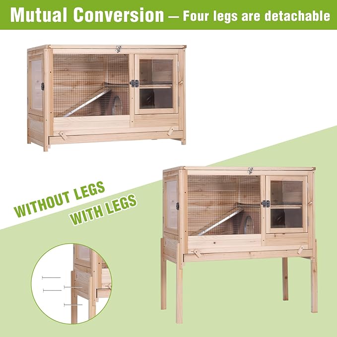 Indoor Bunny Cage Guinea Pig Cages - Wooden Small Animal Cage Rabbit Hutch with Chew-Proof Ramp, Pull-Out Tray, Leakproof PVC Layer & Detachable Legs for Rabbits, Guinea Pigs (Natural Wood)