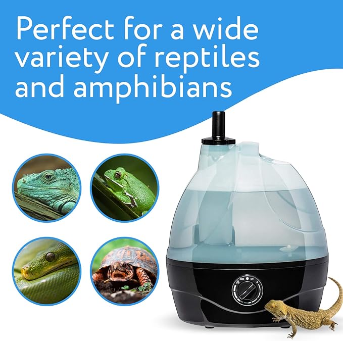 Evergreen Pet Supplies Reptile Fogger & Humidifier - Adjustable Fog Output for Mini Terrarium Fogger - 2 L Tank with Auto Shut-Off for Tortoise Humidifier - 2 L, Black/Clear