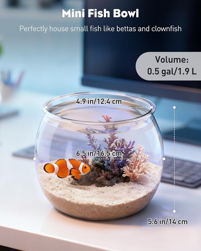 Pawfly 0.5 Gallon Mini Plastic Fish Bowl, Unbreakable Small Fishbowl Desktop Aquarium, Clear Round Plastic Fish Tank for Small Fish, Shatterproof Betta Fish Tank Goldfish Bowl, Decorative Globe Vase