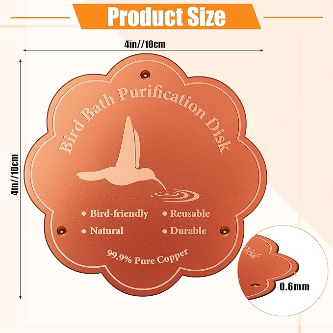 1P 4inches Bird Bath Purification Disk, 99.99% Pure Copper Bird Bath Disc Safe Birdbath Cleaner Disks for Outdoor All-Season Use 0.6mm Birdbaths Copper Disk with 3 Point Support