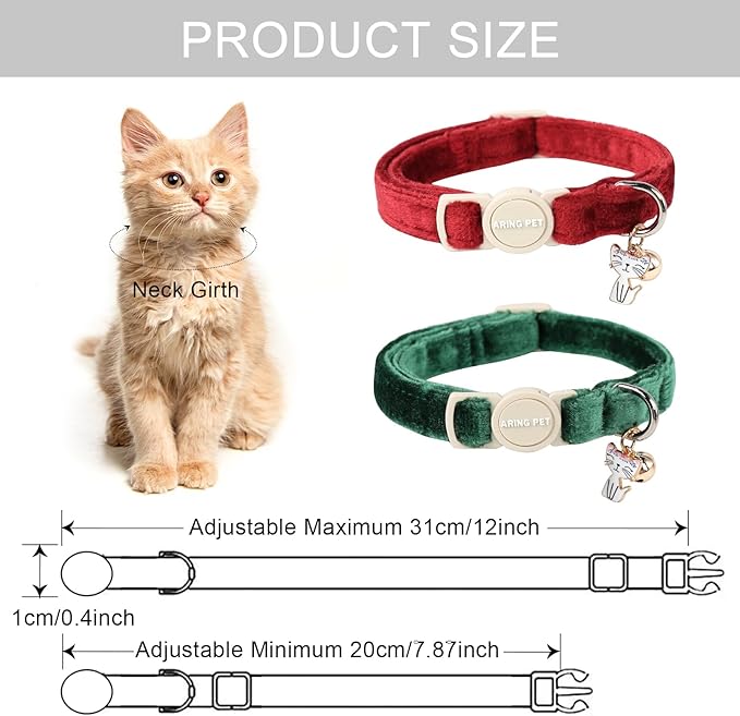 ARING PET 2 Pack Cat Collars-Cute Breakaway Cat Collar with Bell & Pendant, Adjustable Christmas Kitten Collars with Safety Buckle for Girl and Boy Cats