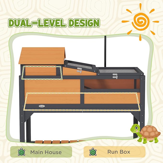 PawHut Tortoise Habitat with Adjustable Lamp Holder, 2 Layer Tortoise Enclosure with Storage Shelf, Removable Main House, Fixed Tray, Openable Lid, Yellow