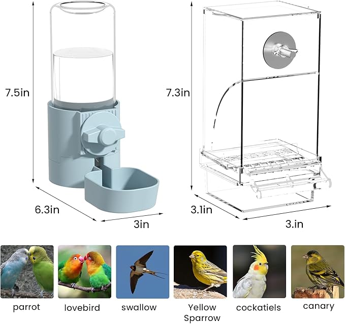 BAGHBPM No Mess Bird Feeder Water Dispenser Set,Automatic Parakeet Feeder Cage Accessories,Parrot Transparent Food Container Drinker for Cage,Canaries Budgies Lovebirds Cockatiels Finches (Pink)