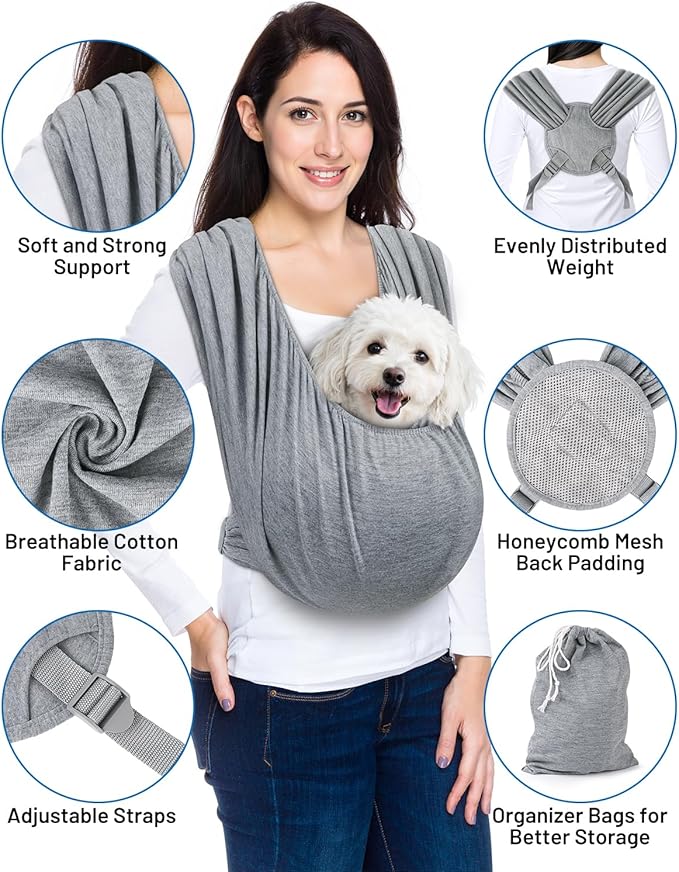 Dog Sling Carrier for Small Dogs, Front Pet Sling Carrier Chest, Adjustable Reducing Back Stress Cat Sling for Small Pet up to 20lbs, Hands Free Puppy Sling for Travel or Everyday Use (Light Grey)
