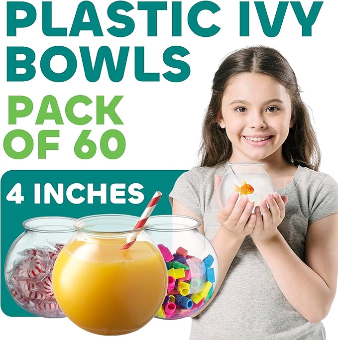 JoyServe 16 Oz Plastic Fish Bowl (60 Pack) 4 Inch Heavy Duty Plastic Ivy Bowls, for Candy, Carnival Games, Prizes, Centerpieces and Party Decoration Supplies, BPA-Free