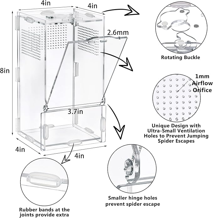 VERTUPET 4"x4"x8" Acrylic Jumping Spider Enclosure, Clear Arboreal Reptile Habitat Tank with Secure Locking Latch for Frogs, Crickets, and Snails