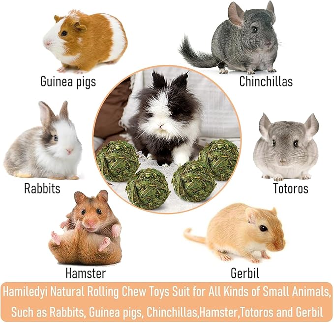 Hamiledyi 12 Pcs Rabbit Chew Ball Timothy Grass Ball Small Animal Activity Play Chew Toys Teeth Grinding for Bunny Rabbits Hamster Guinea Pigs Gerbils Chinchillas