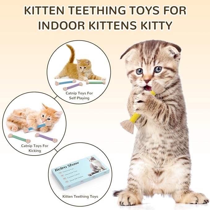 Retro Shaw 6Pcs Kitten Toys, Cat Toys Chew Ropes with Refillable Natural Catnip, Safe Teething Cleaning Kitty Toys for Indoor Cats, Christmas Interactive Pet Nip Kicker Toy