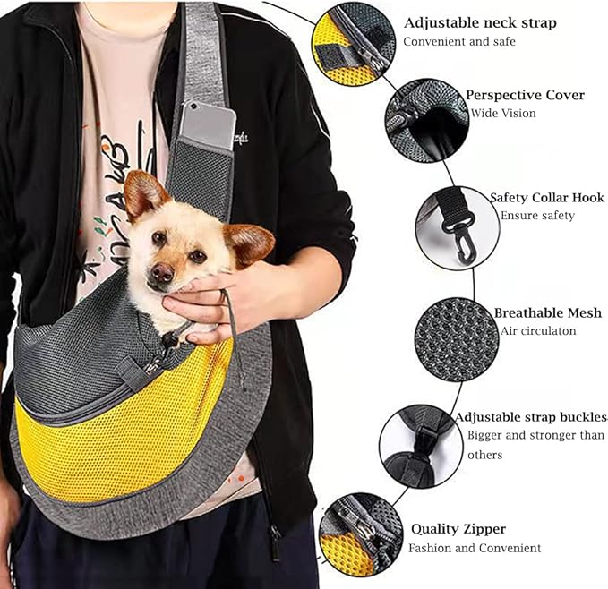 JiangYanus Dog Carrier Sling, Hand Free Drawstring Dog Papoose with Adjustable Strap, Breathable Mesh Travel Safe Puppy Sling Bag Carrier, Crossbody Satchel Dog Purse with Pocket for Outdoor Dogs Cats