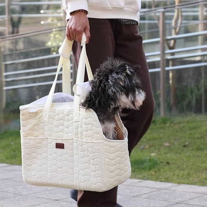 Small Dog Bag Puppy Purse Carrier for Adult Cat Rabbits Bunny Carriers Large Cat,with Multiple Pockets,Breathable Mesh,Traveling Pets Tote Picnic Outdoor 15lb (Beige2, Large)