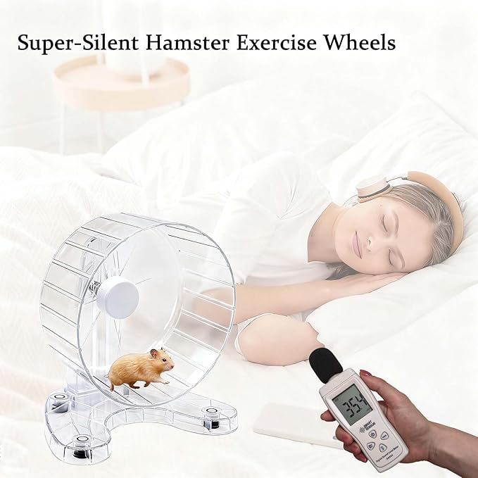 6.5" Super Silent Hamster Wheel with Stand & Water Bottle – Ultra Quiet Exercise Running Wheel for Gerbils, Syrian & Dwarf Hamsters, Chinchillas, Small Pets – Noiseless Spinning Design, Clear