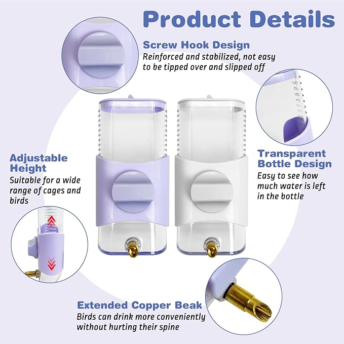 PINVNBY 2 PCS Automatic Bird Water Dispenser 9.47 Fl Oz Parakeet Water Dispenser for Cage Suspended Water Feeder Bird Cage Accessories for Budgie Lovebird Cockatiel Finch (White + Purple)