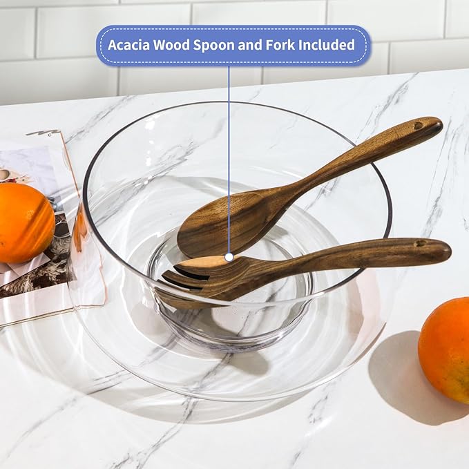 MOLIGOU Large Glass Salad Bowl with Acacia Wood Serving Utensils, 169oz Salad Serving Bowl for Party, Elegant Glass Bowl for Fruit, Trifle, Pasta