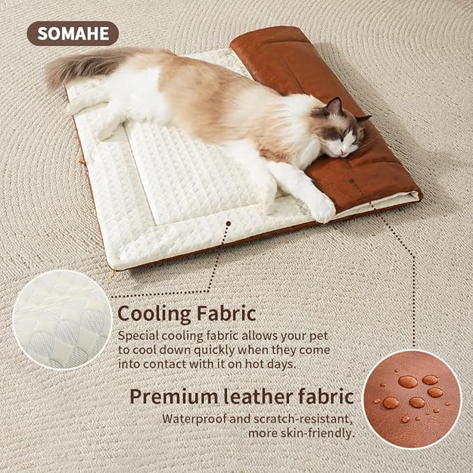 Cat Beds for Indoor Cats Dog Bed for Small Dogs 5 in 1 Function - Leather Mats Bed Cave Pillow Pad for Puppy & Kitten Four-Season 27.5 * 35.4inch Brown