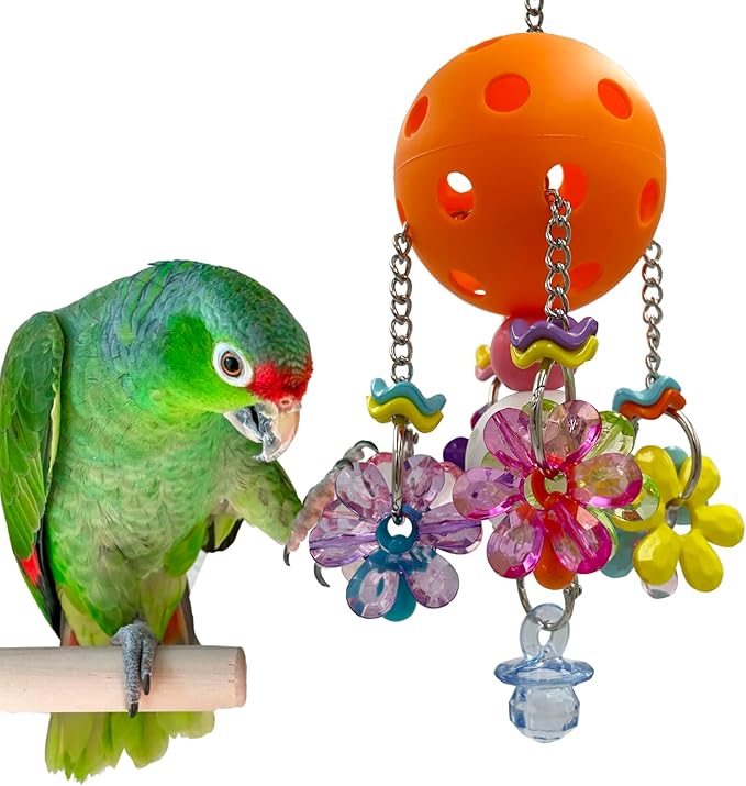 Pullable Bird Plastic Ball Toys with Acrylic Pacifiers and Flowers, Colorful Parrot Toys for Medium and Large Parrot Quaker Monk Parakeet Sun Conures (Orange)
