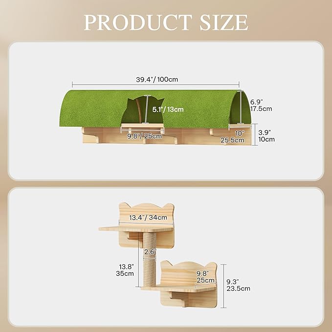Cat Wall Shelves, 7-in-1 Solid Wood Wall-Mounted Cats Furniture Set with Scratching Post, Cat Climbing Wall Systems with 40''L Tunnel, Steps, Cats Shelf Furniture
