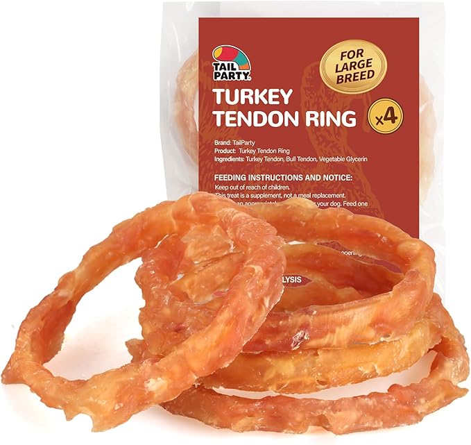 TailParty Turkey Tendons for Dogs, 5.08 oz, Large Dog Training Treats, Natural Long-Lasting Chew Snacks, High-Protein Beef Tendons, Healthy Hypoallergenic Turkey Ring(4 Units/Pack)