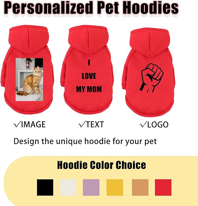 Custom Dog Hoodie, Personalized Sweatshirt with Photo Text Name Logo, Customized Hooded Sweater for Small Medium Large Dogs & Cats (Red, Large)