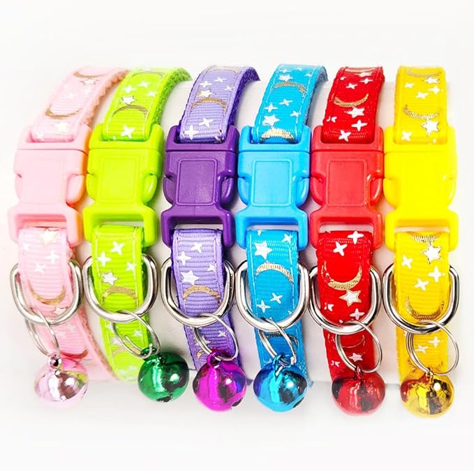 Reflective Cat Collars Breakaway with Bell Moons Stars 2 Pack Girl Boy Pet Kitten Collar Adjustable 7.5-12.5 Inch (Blue)