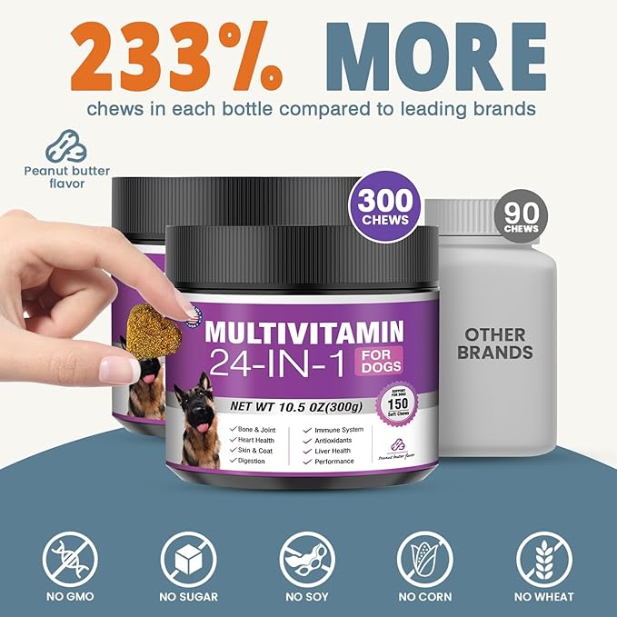 24-in-1 Dog Vitamins and Supplements 300 Ct Dogs Multivitamin Chewable Contain Chondroitin Probiotics Omega-3 Glucosamine for Dogs Skin Coat Heart Joint Gut Liver Brain Immune Support - Peanut Butter