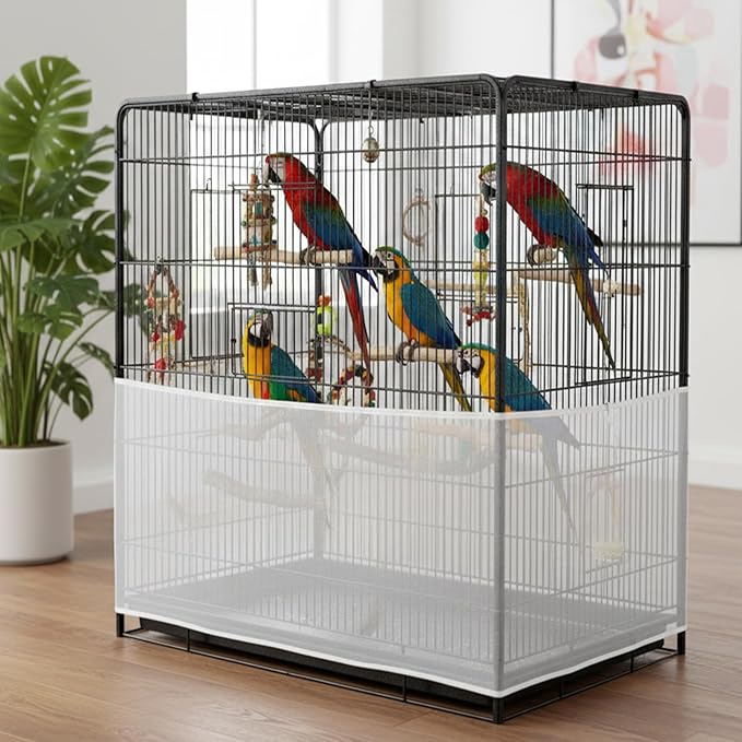 2pcs Large Bird Cage Seed Catcher Guards, Breathable Airy Nylon Mesh Material, Prevents Seed Mess, Acts as Stretchy Cage Guard, Fits Budgie, Cockatiel Various Bird Species (Black, White)