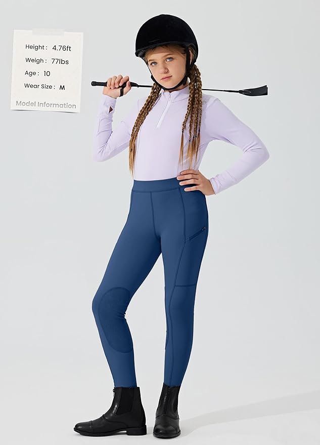 Willit Girls Horse Riding Pants Tights Kids Equestrian Breeches Knee-Patch Youth Schooling Tights Zipper Pockets