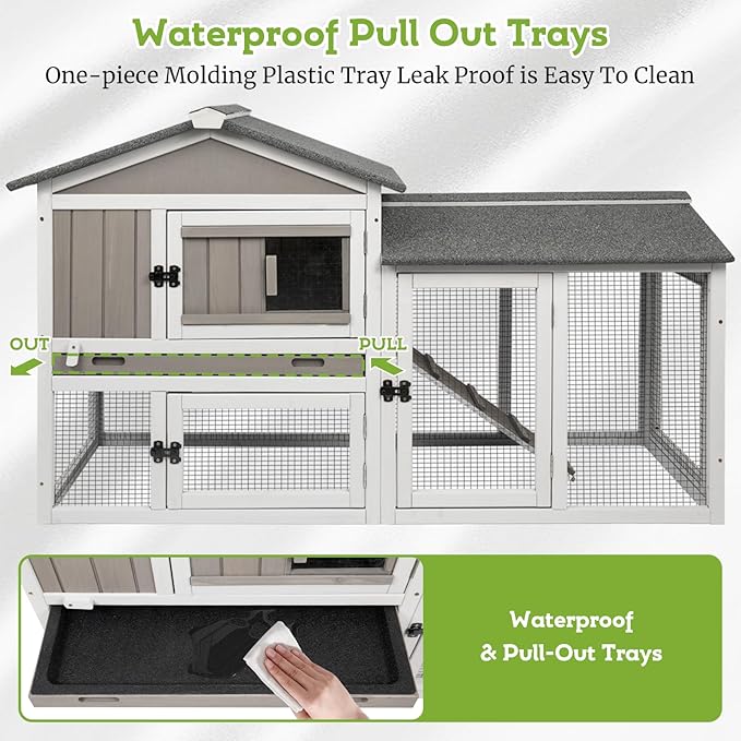 57" L Wooden Rabbit Hutch Outdoor Indoor with Waterproof Roof, 2-Story Bunny Hutch with Pull Out Tray, Chew-Resistant Ramp, Ideal for Rabbit, Guinea Pig, Hamster (57" L X 21" W X 33.5" H)