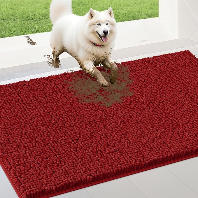 IM HOME 48" x 38" Red Dog Door Mats for Muddy Paws, Chenille Absorbent Dog Mat, Non Slip Heavy Mud Mat for Dogs, Soft Pet Bed Mat for Entryway, Mud Paws, Inside Floor