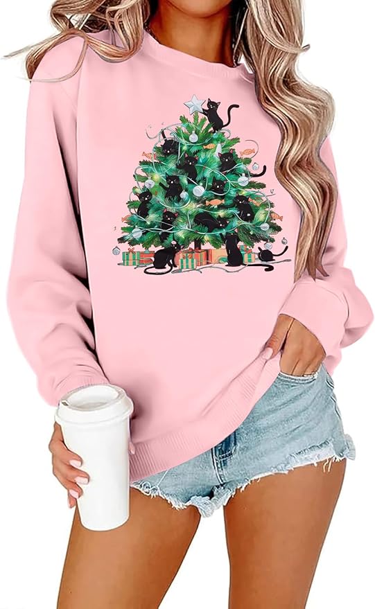 FRYAID Cat Sweatshirt Women Funny Black Cat Graphic Sweater Casual Cat Crewneck Holiday Long Sleeve Hoodie Pullover Top