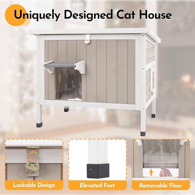 Insulated Outdoor Cat House,Wooden Cat House Weatherproof with All-Round Foam Insulation, 2 Doors, Feral Cats Shelter for Winter, 30.7''x21.6''x25.6''