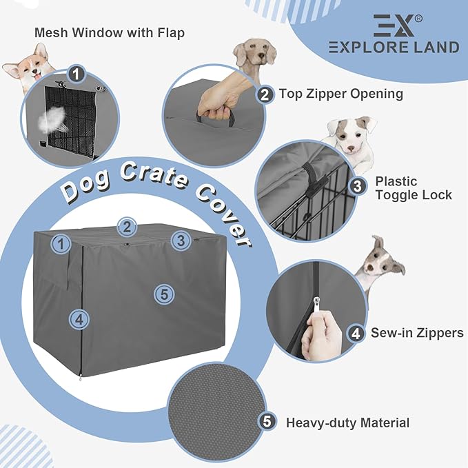 Explore Land Dog Crate Cover Heavy Duty Polyester Pet Kennel Sunshade Universal Fit for 24 inches Wire Cage (Grey)