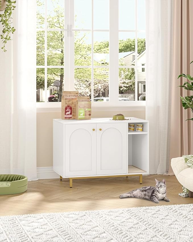 Cat Litter Box Enclosure Enclosed, Hidden Litter Box Cabinet Furniture with Storage, Wooden Indoor Cat House Large, Modern End Table for Living Room Entryway, White and Gold CB84903A